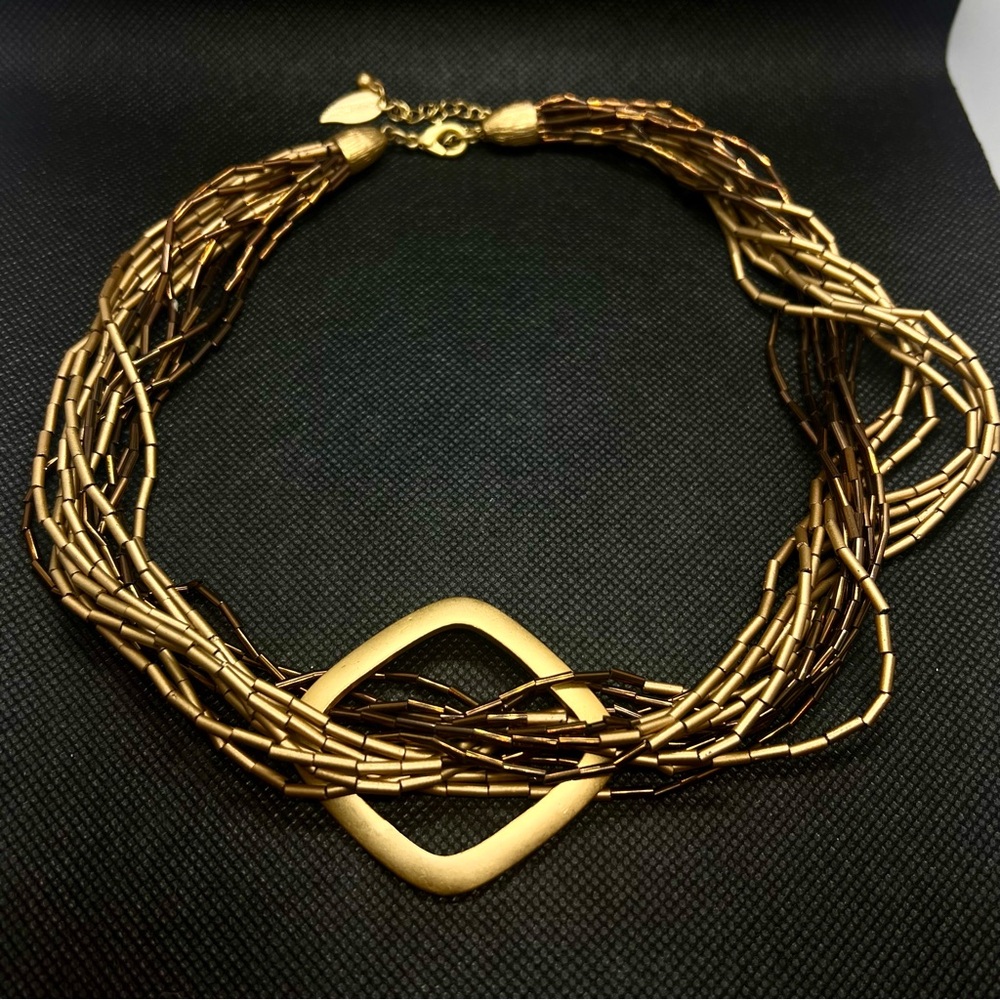 VINTAGE Coldwater Creek GOLD BROWN TONE MULTI STRAND GLASS‎ BEAD BOHO NECKLACE